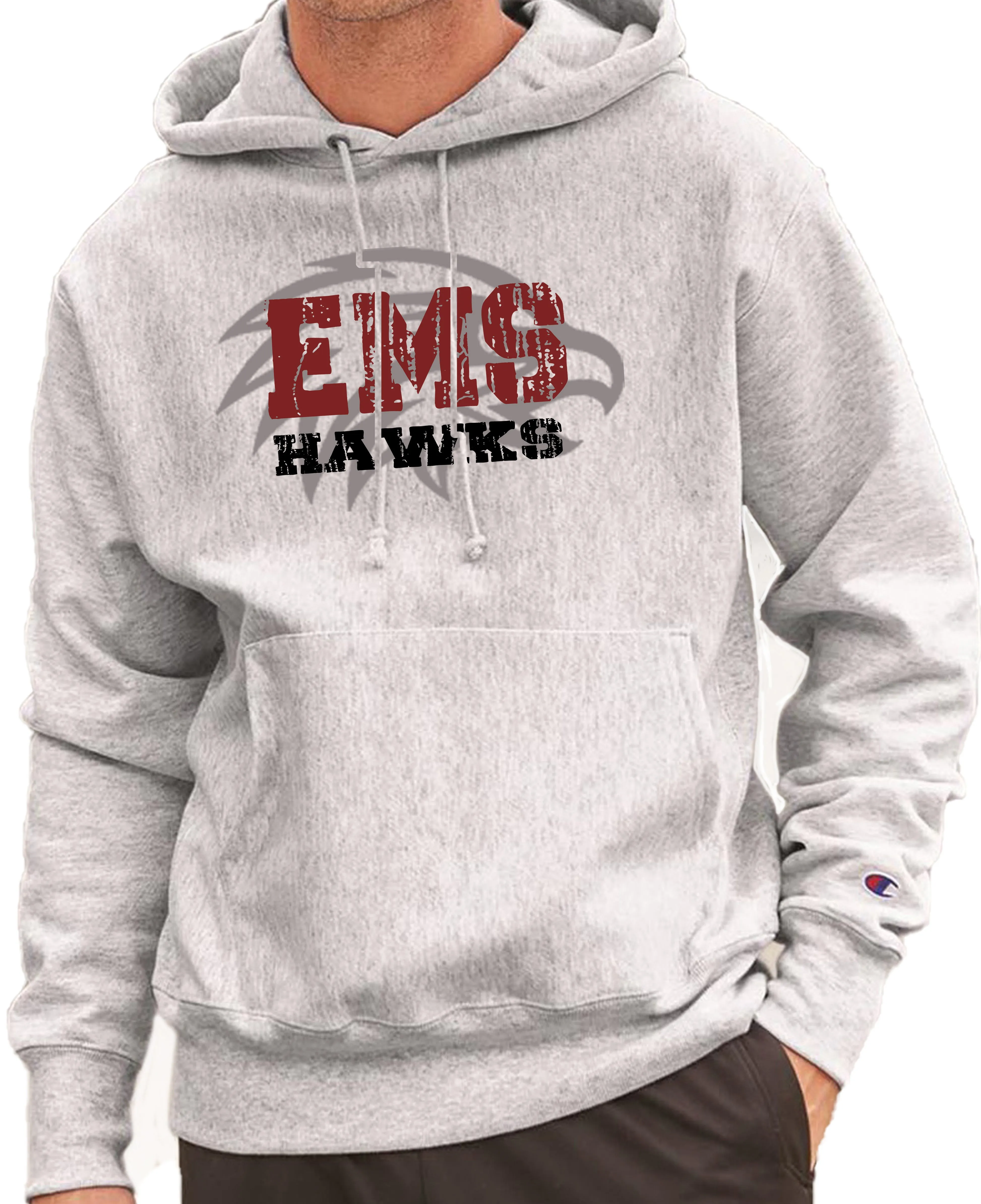 EMS HAWKS DISTRESSED  Reverse Weave Champion Hoodie Sweatshirt