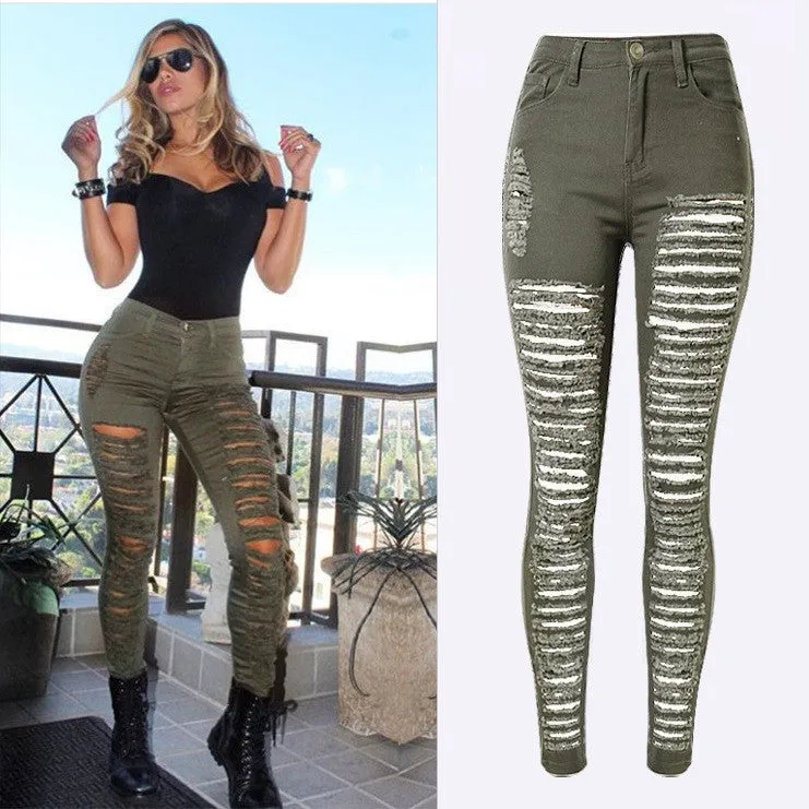 Fashion Army Green/Black/White Ripped Jeans Women Plus Size Distressed High Waist Jeans Ladies Skinny Jean Taille Haute