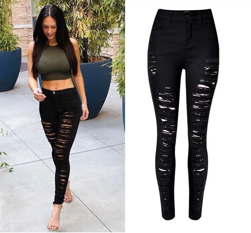 Fashion Army Green/Black/White Ripped Jeans Women Plus Size Distressed High Waist Jeans Ladies Skinny Jean Taille Haute