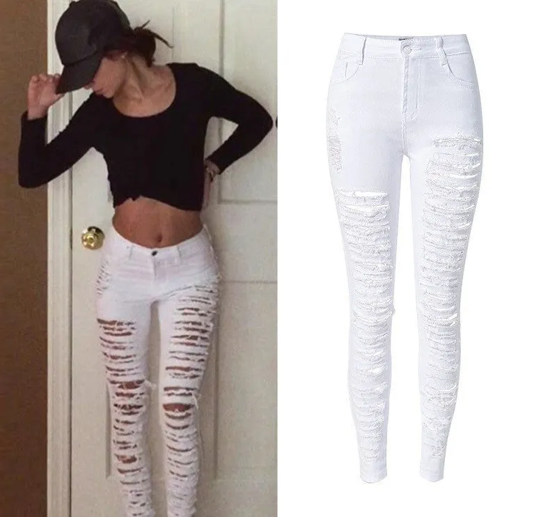 Fashion Army Green/Black/White Ripped Jeans Women Plus Size Distressed High Waist Jeans Ladies Skinny Jean Taille Haute