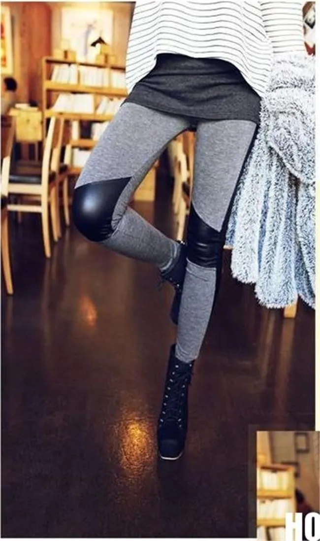 Fashion Elastic Pencil Pants Skinny Pants Stitching Leather Leggings Women's Leggins