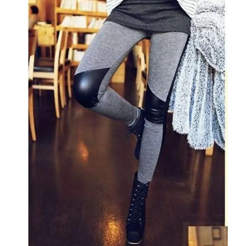 Fashion Elastic Pencil Pants Skinny Pants Stitching Leather Leggings Women's Leggins
