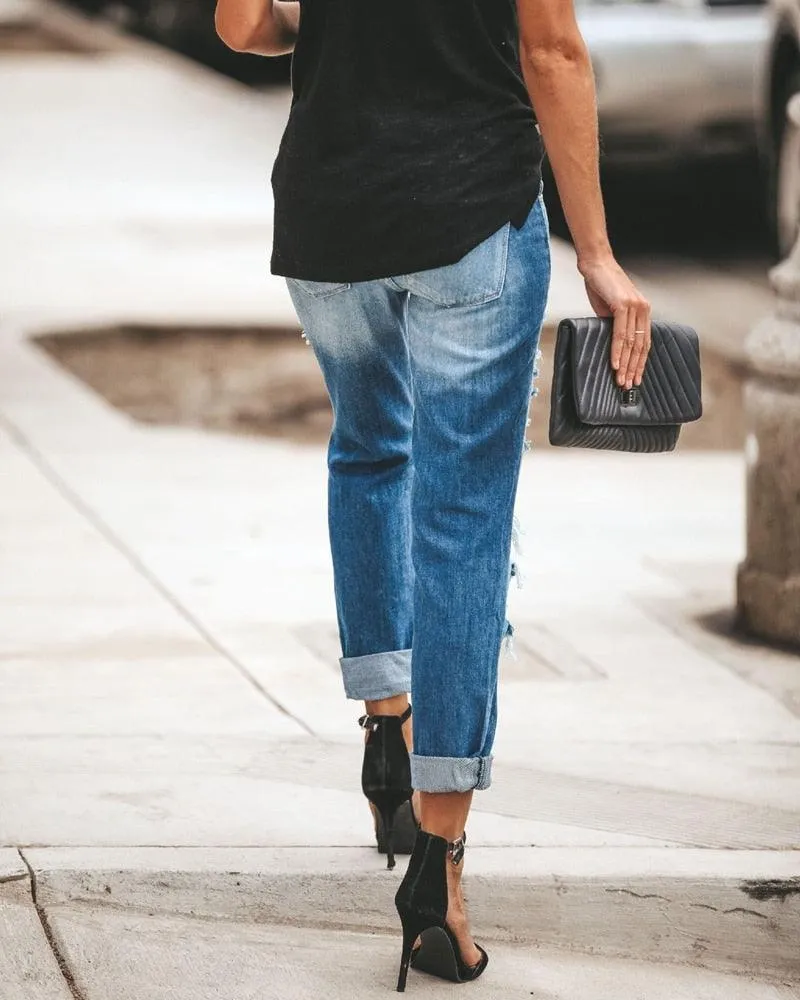 Fashion Mid Waist Big Ripped Hole Jeans