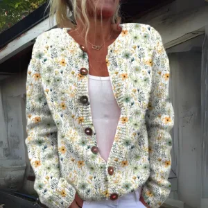 Floral Cardigan Women's Knitted Sweater with Button Details in Cotton - Ideal for Spring and Autumn Wear