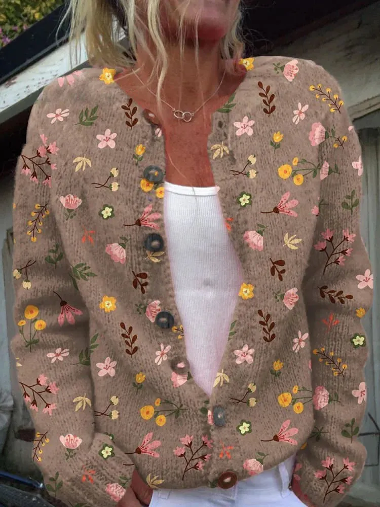 Floral Cardigan Women's Knitted Sweater with Button Details in Cotton - Ideal for Spring and Autumn Wear