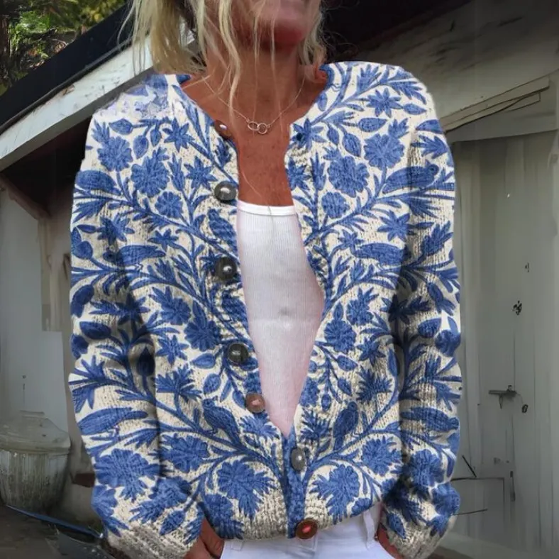 Floral Cardigan Women's Knitted Sweater with Button Details in Cotton - Ideal for Spring and Autumn Wear