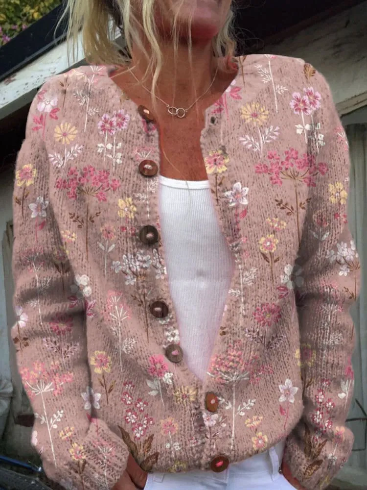 Floral Cardigan Women's Knitted Sweater with Button Details in Cotton - Ideal for Spring and Autumn Wear