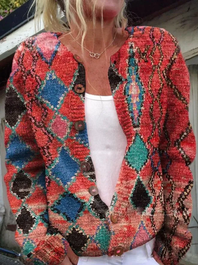 Floral Cardigan Women's Knitted Sweater with Button Details in Cotton - Ideal for Spring and Autumn Wear