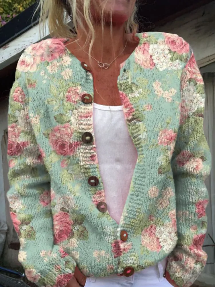 Floral Cardigan Women's Knitted Sweater with Button Details in Cotton - Ideal for Spring and Autumn Wear