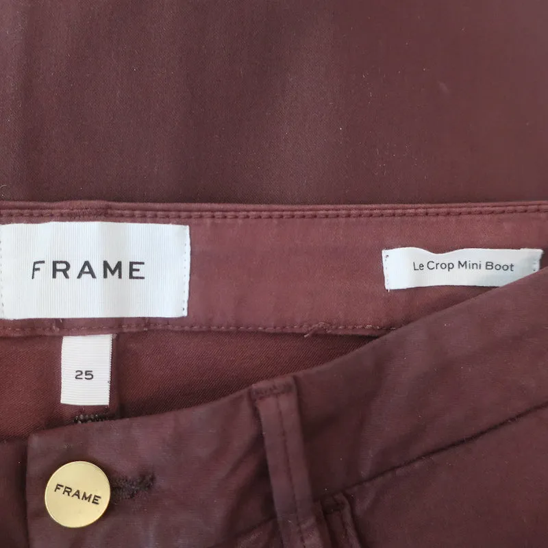 FRAME Le Crop Mini Bootcut Jeans Bordeaux Coated Stretch Cotton Size 25 NEW