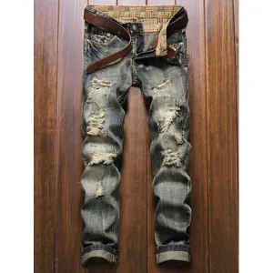 Frayed Zipper Fly Five-Pocket Straight Leg Ripped Jeans for men
