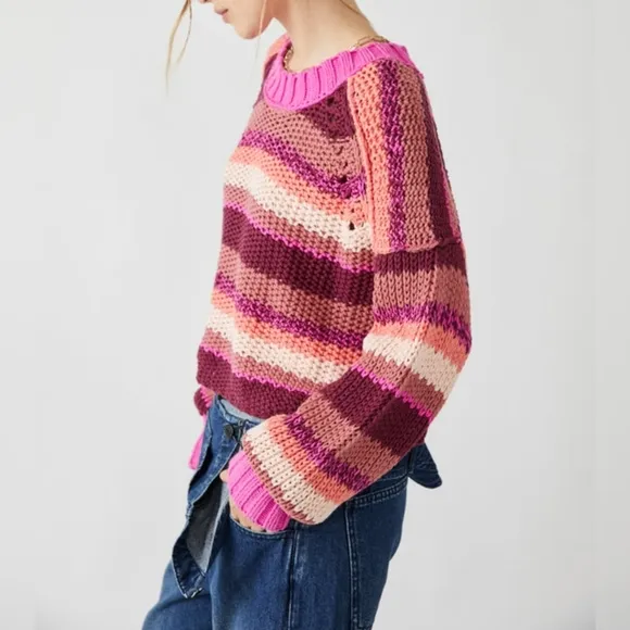 Free People Devon Open Knit Long Sleeve Chunky Oversized Sweater SMALL Fuchsia