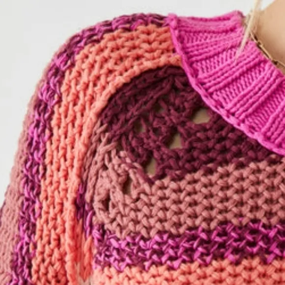 Free People Devon Open Knit Long Sleeve Chunky Oversized Sweater SMALL Fuchsia