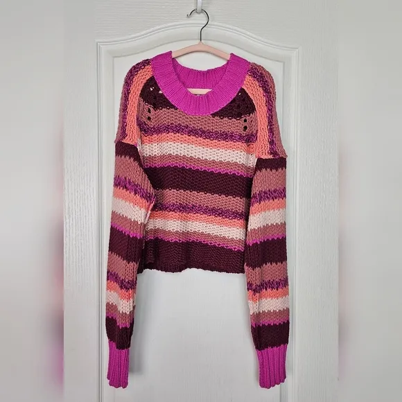 Free People Devon Open Knit Long Sleeve Chunky Oversized Sweater SMALL Fuchsia