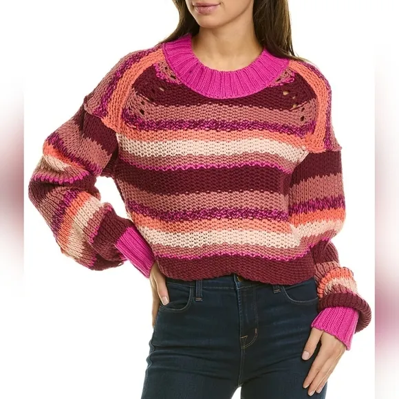 Free People Devon Open Knit Long Sleeve Chunky Oversized Sweater SMALL Fuchsia