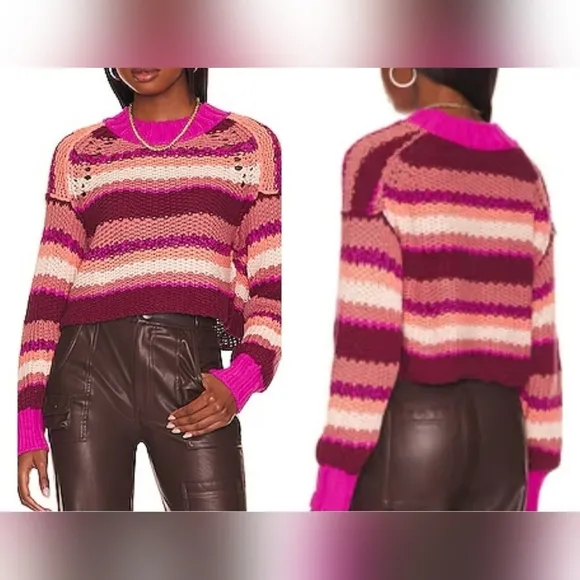 Free People Devon Open Knit Long Sleeve Chunky Oversized Sweater SMALL Fuchsia