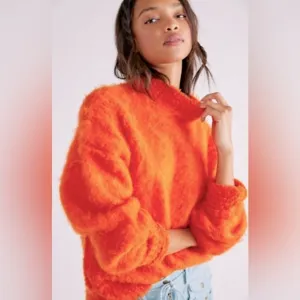 Free People | Women’s bright orange wool blend mock neck chunky sweater, size S