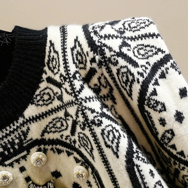 Geometric Knitted Soft Diamonds Beading Vintage Sweater