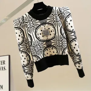 Geometric Knitted Soft Diamonds Beading Vintage Sweater