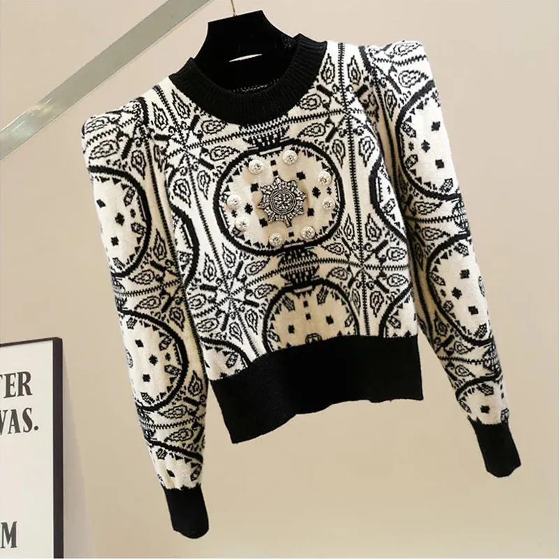 Geometric Knitted Soft Diamonds Beading Vintage Sweater