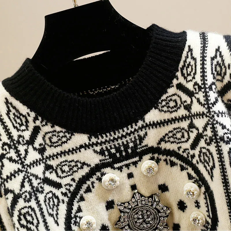 Geometric Knitted Soft Diamonds Beading Vintage Sweater