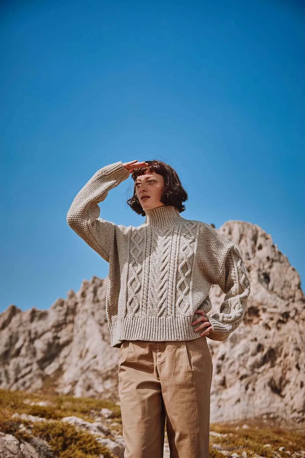 GWENAELLE Irish Cable Sweater in Merino Wool - Beige
