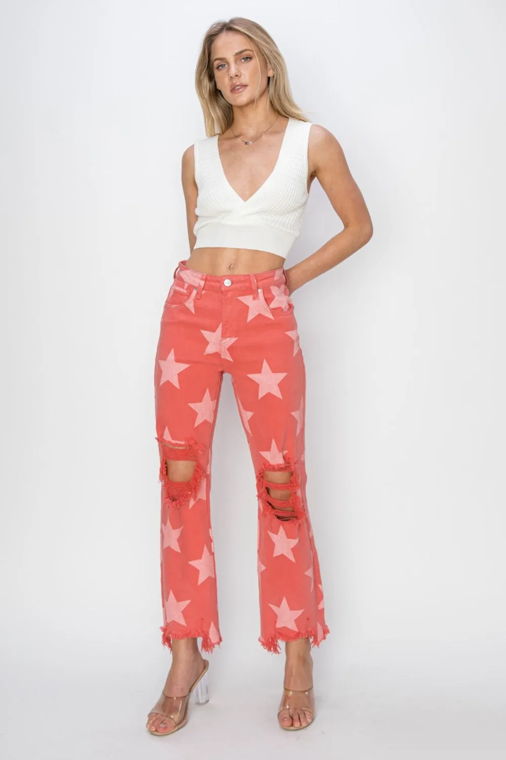 Hazel Blues® |  RISEN Distressed Raw Hem Star Pattern Jeans