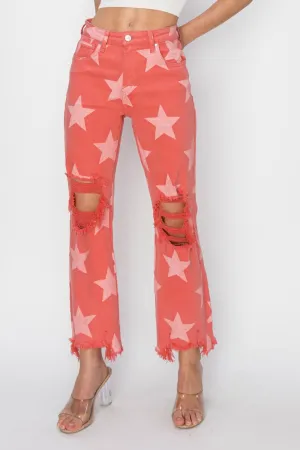 Hazel Blues® |  RISEN Distressed Raw Hem Star Pattern Jeans