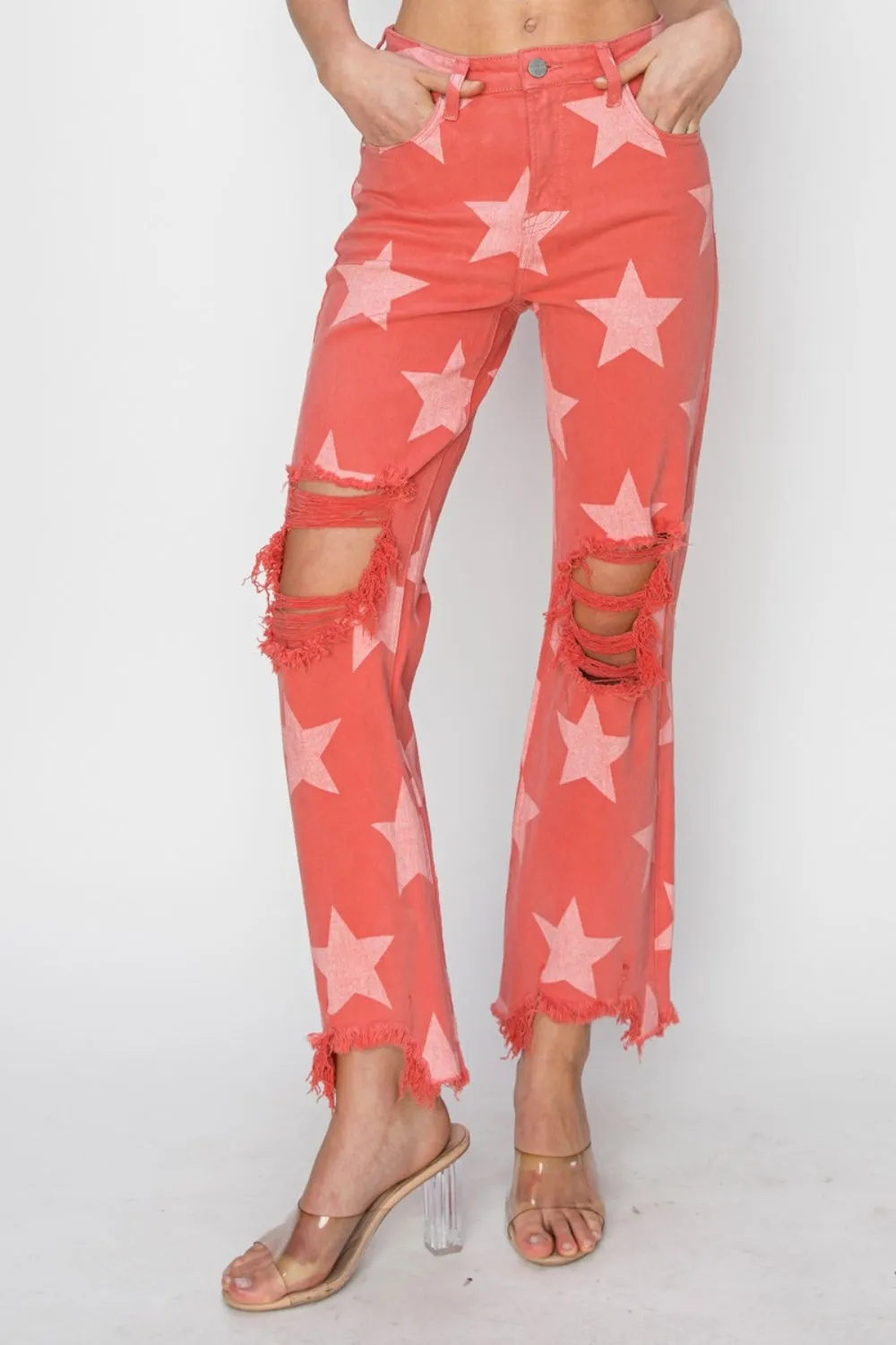 Hazel Blues® |  RISEN Distressed Raw Hem Star Pattern Jeans