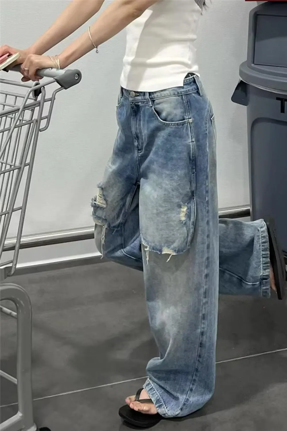 High Waist Design Hole Long Jeans Pants