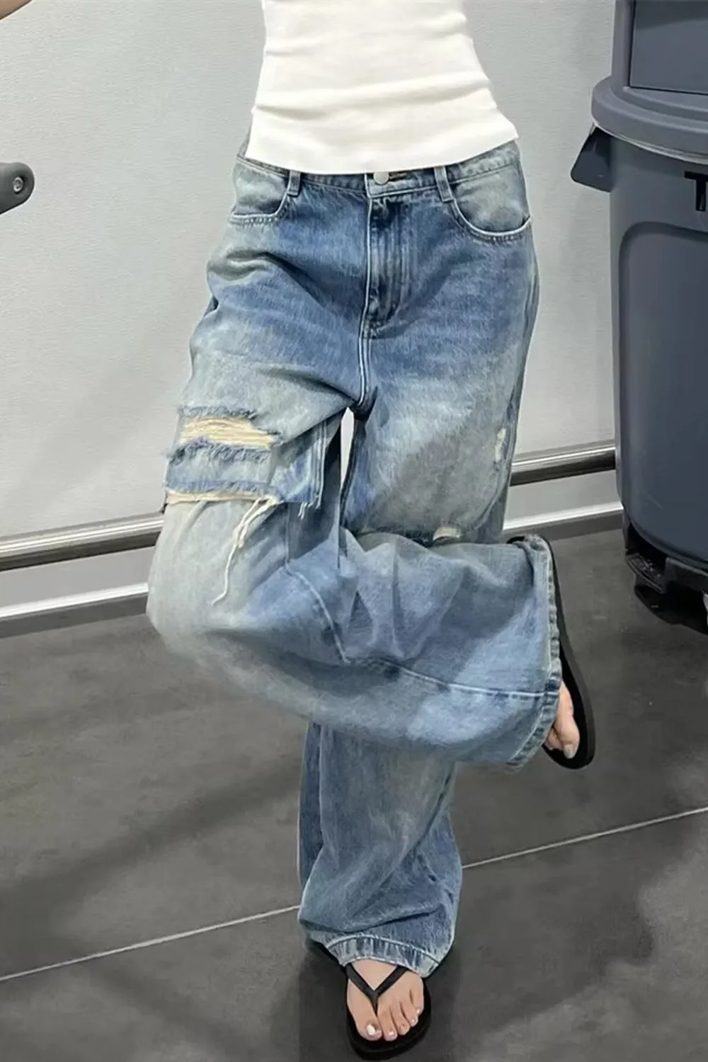 High Waist Design Hole Long Jeans Pants