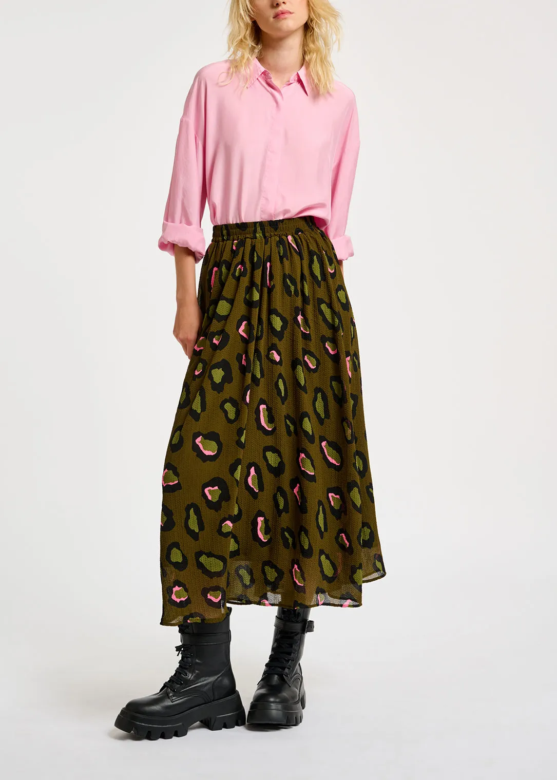 Khaki leopard-print midi skirt