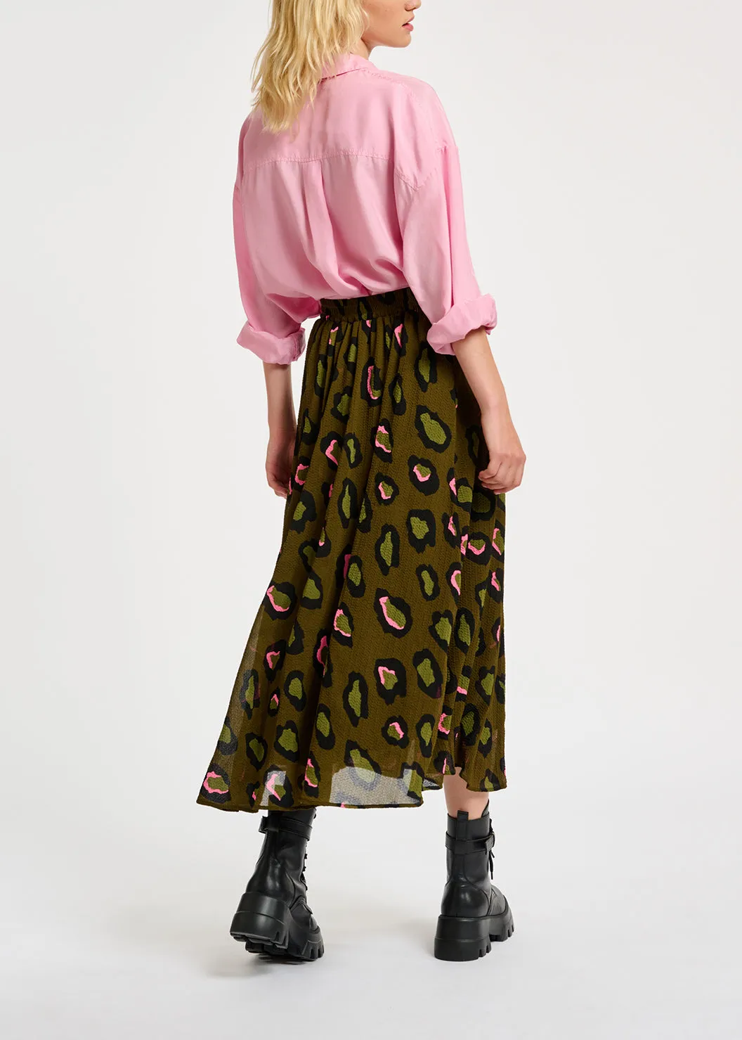 Khaki leopard-print midi skirt