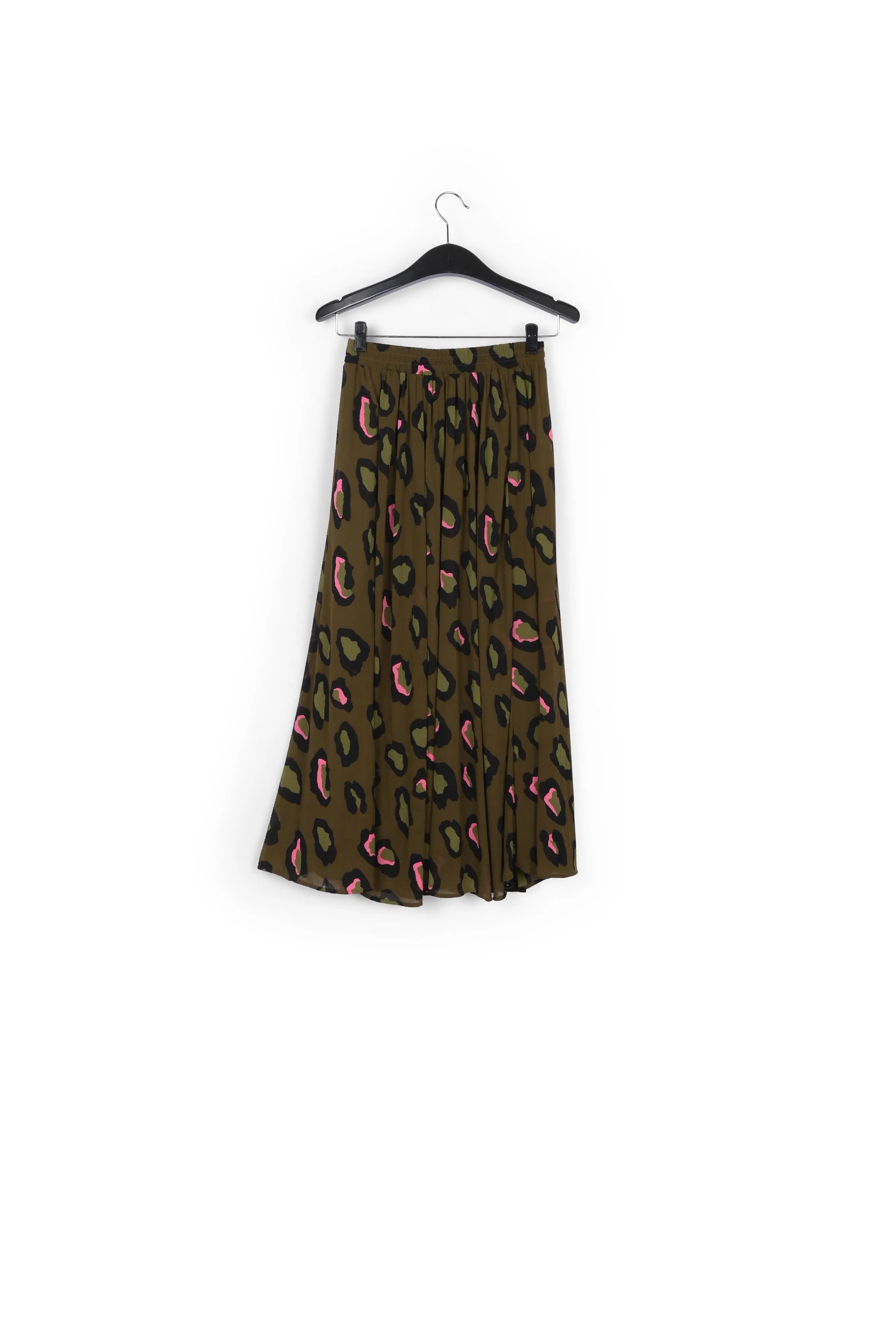 Khaki leopard-print midi skirt