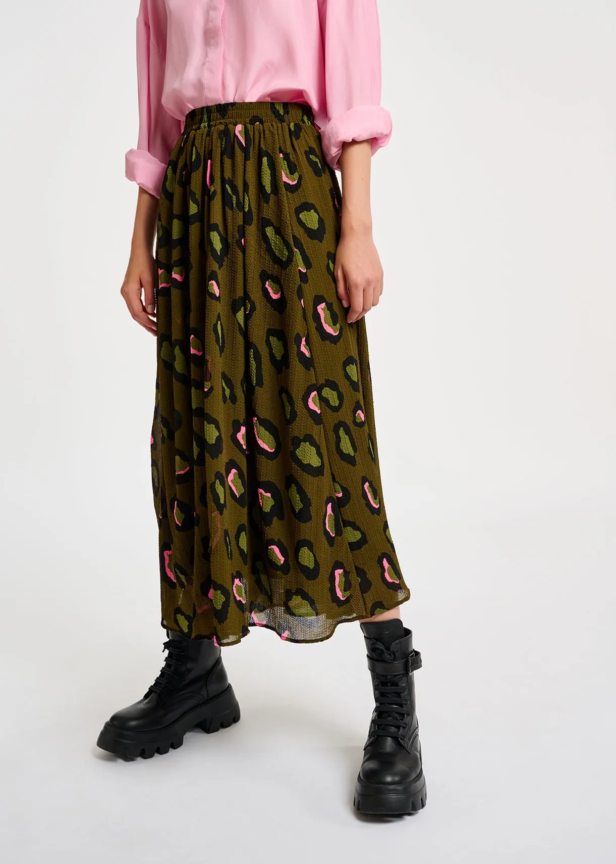 Khaki leopard-print midi skirt