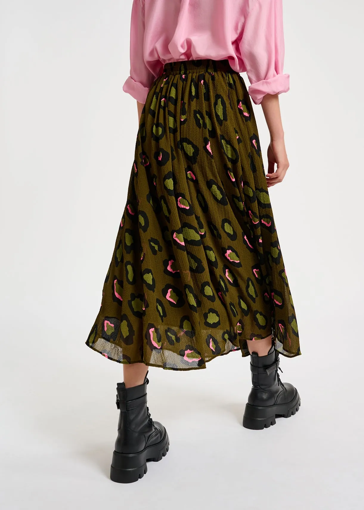 Khaki leopard-print midi skirt