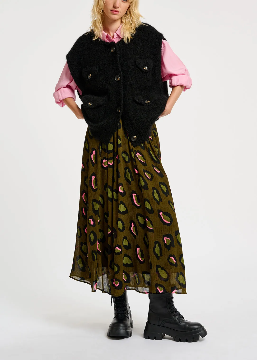 Khaki leopard-print midi skirt