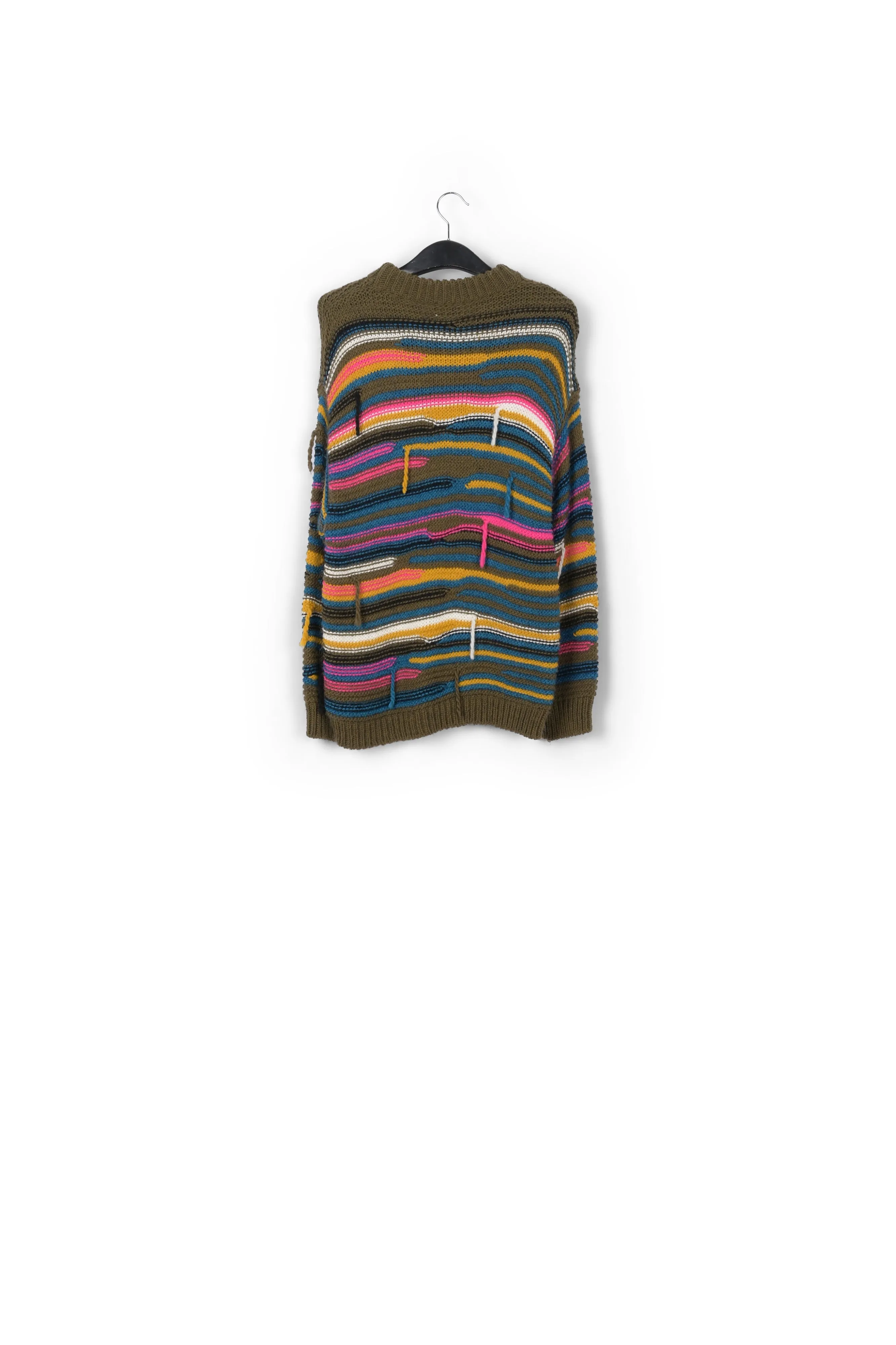 Khaki striped knit sweater with inside-out look