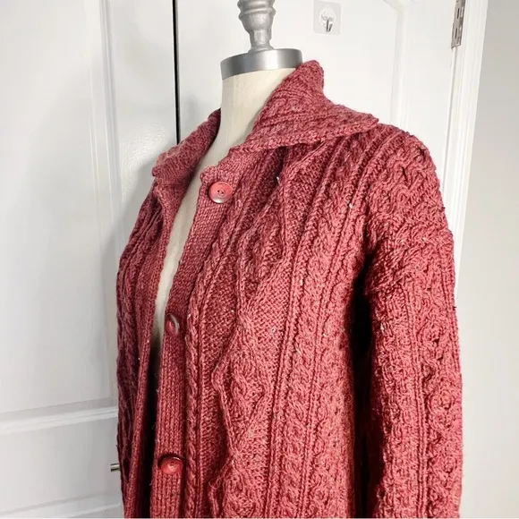 Kilronan Knitwear Ireland 100% Wool Cable Knit Cardigan Sweater Red long Large
