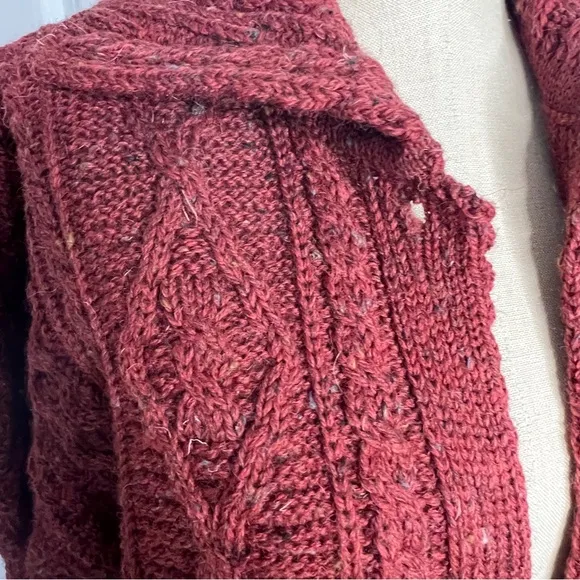 Kilronan Knitwear Ireland 100% Wool Cable Knit Cardigan Sweater Red long Large