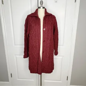 Kilronan Knitwear Ireland 100% Wool Cable Knit Cardigan Sweater Red long Large