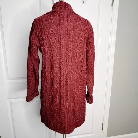 Kilronan Knitwear Ireland 100% Wool Cable Knit Cardigan Sweater Red long Large