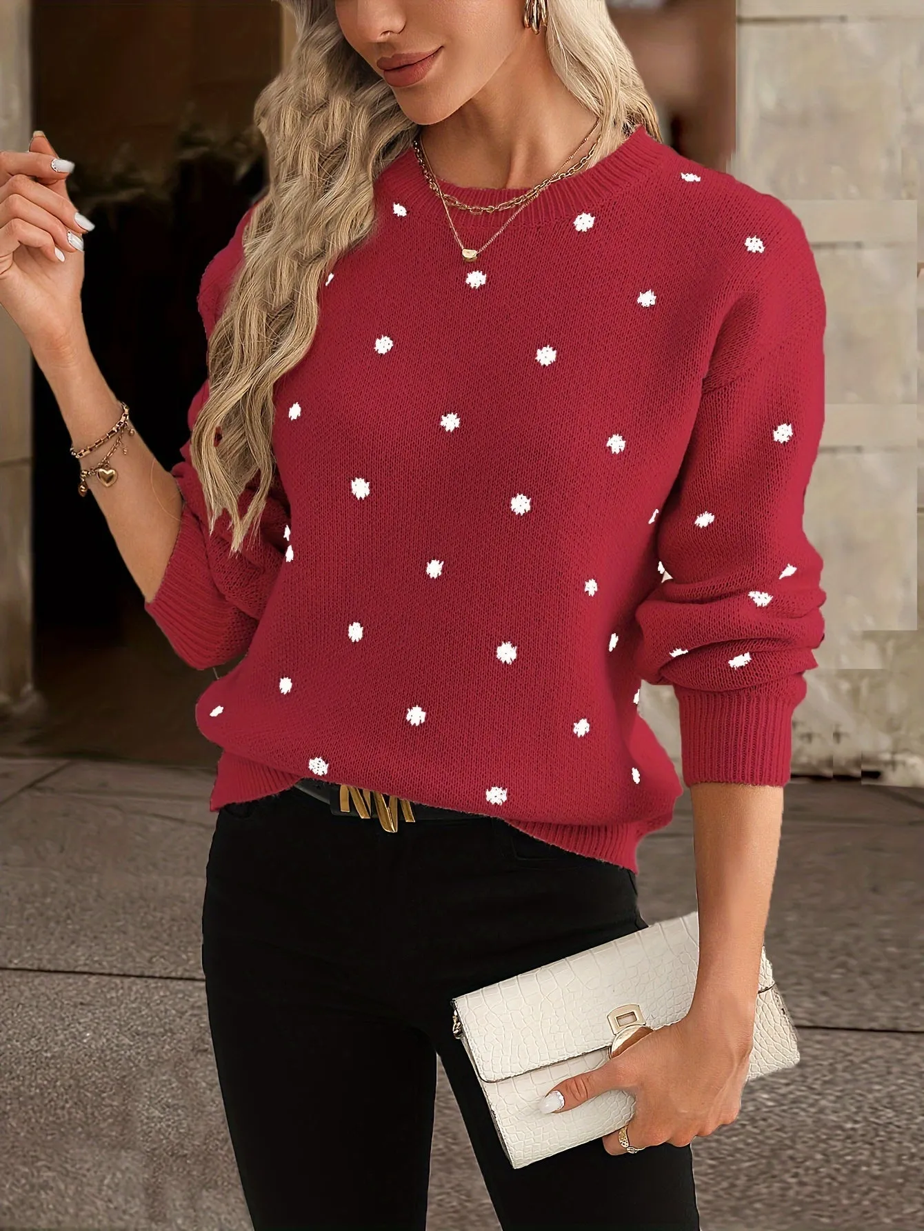 Knit Dotty™ | Women's Knitted Sweater | Crew Neck, Polka Dot Design, Long Sleeve Relaxed Fit