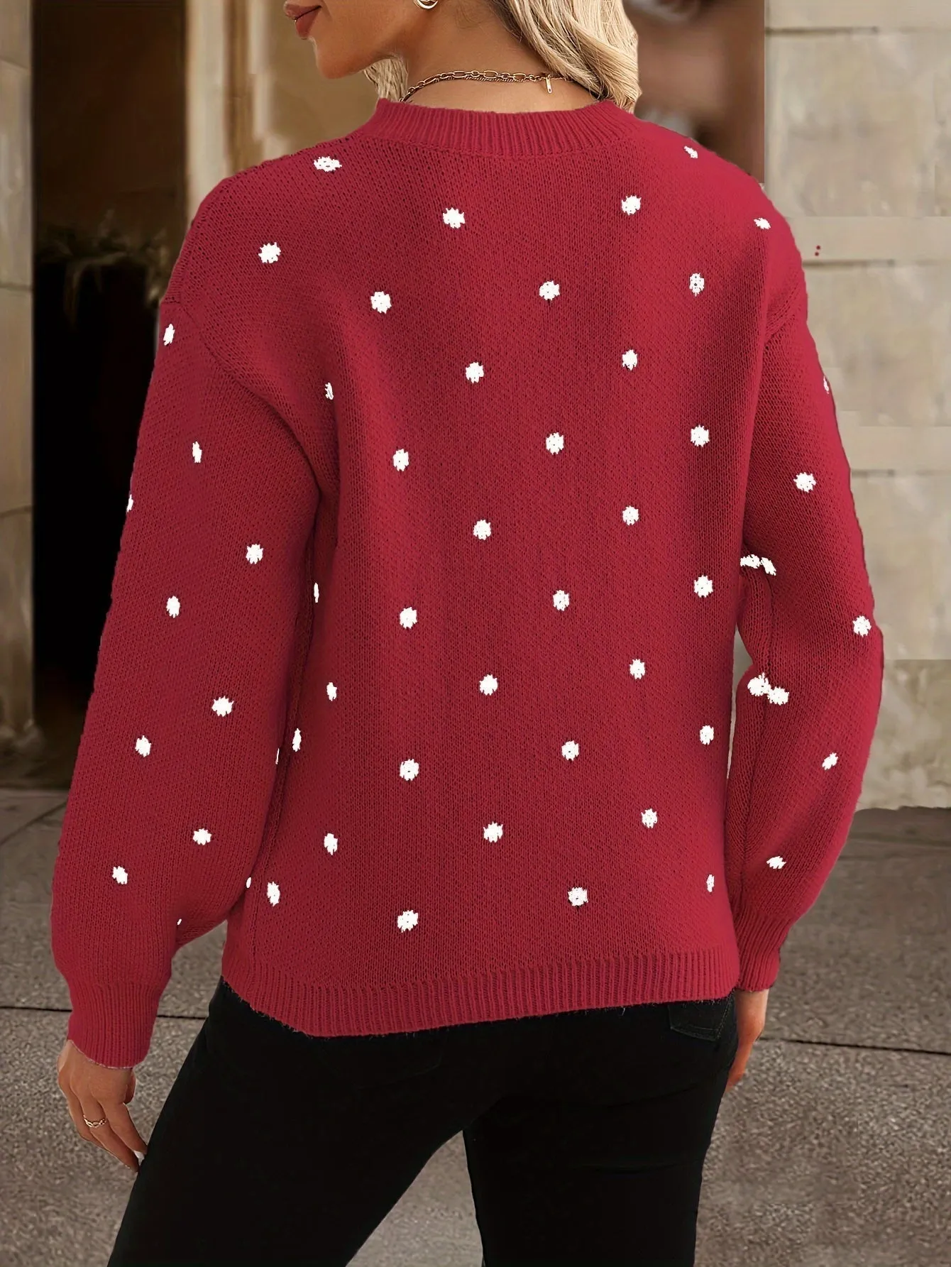 Knit Dotty™ | Women's Knitted Sweater | Crew Neck, Polka Dot Design, Long Sleeve Relaxed Fit