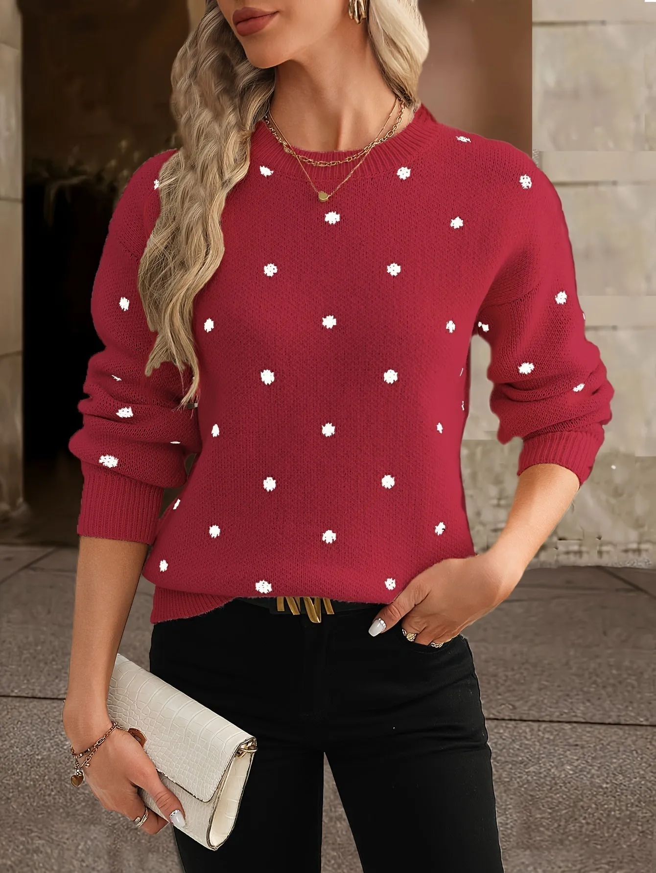 Knit Dotty™ | Women's Knitted Sweater | Crew Neck, Polka Dot Design, Long Sleeve Relaxed Fit