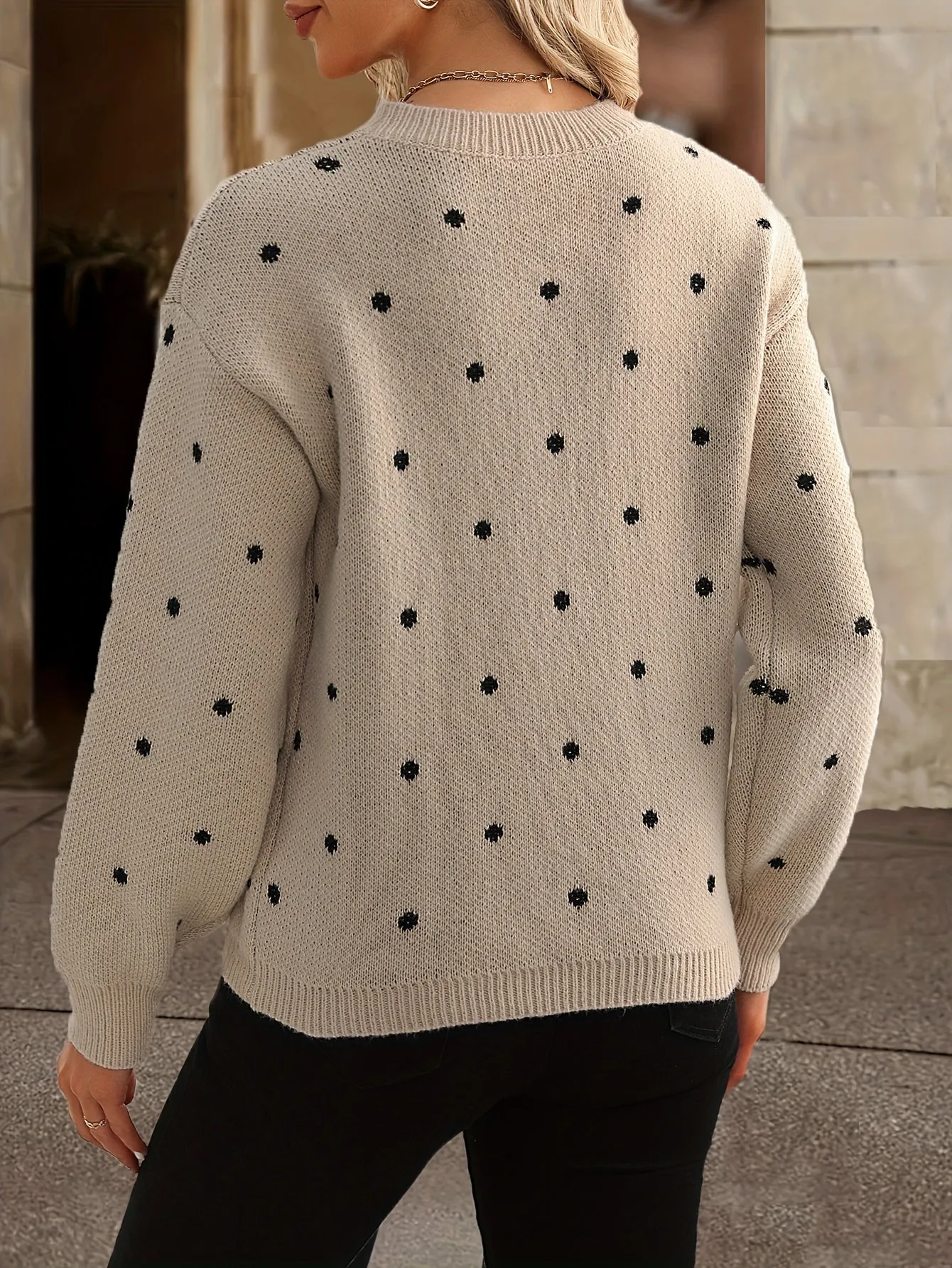 Knit Dotty™ | Women's Knitted Sweater | Crew Neck, Polka Dot Design, Long Sleeve Relaxed Fit