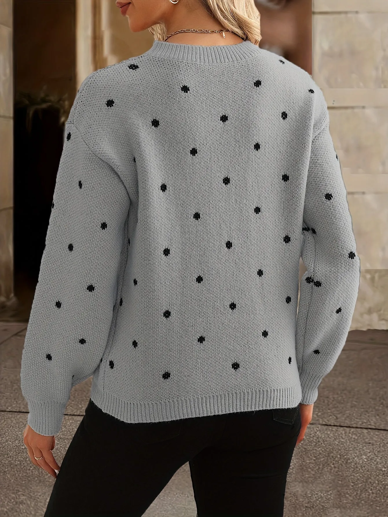 Knit Dotty™ | Women's Knitted Sweater | Crew Neck, Polka Dot Design, Long Sleeve Relaxed Fit