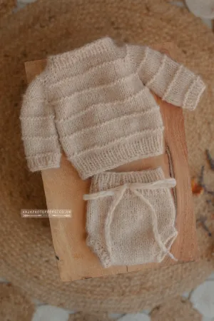 Knitted Baby newborn sweater and bloomers, beige, made to order