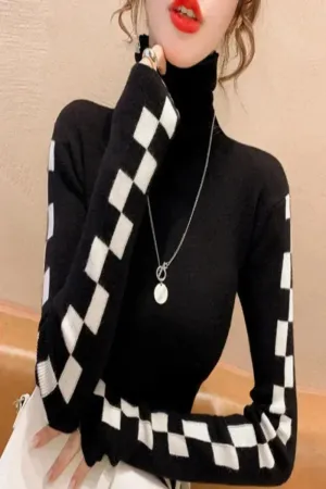 Knitted Checker Print Turtleneck