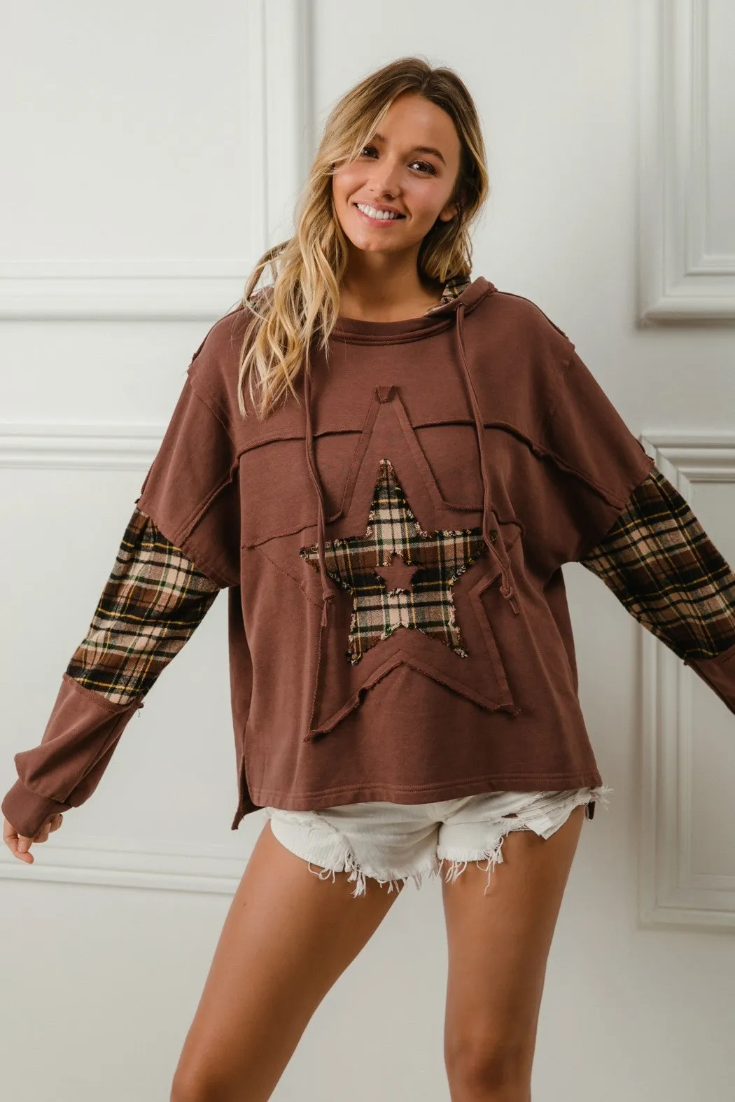 Krissy Plaid Knit Hoodie | Brown